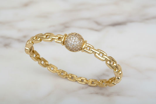 Gold Links CZ Pave Ball Bangle