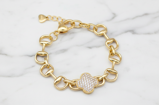 Gold Pave Horse Bit Clover Bracelet
