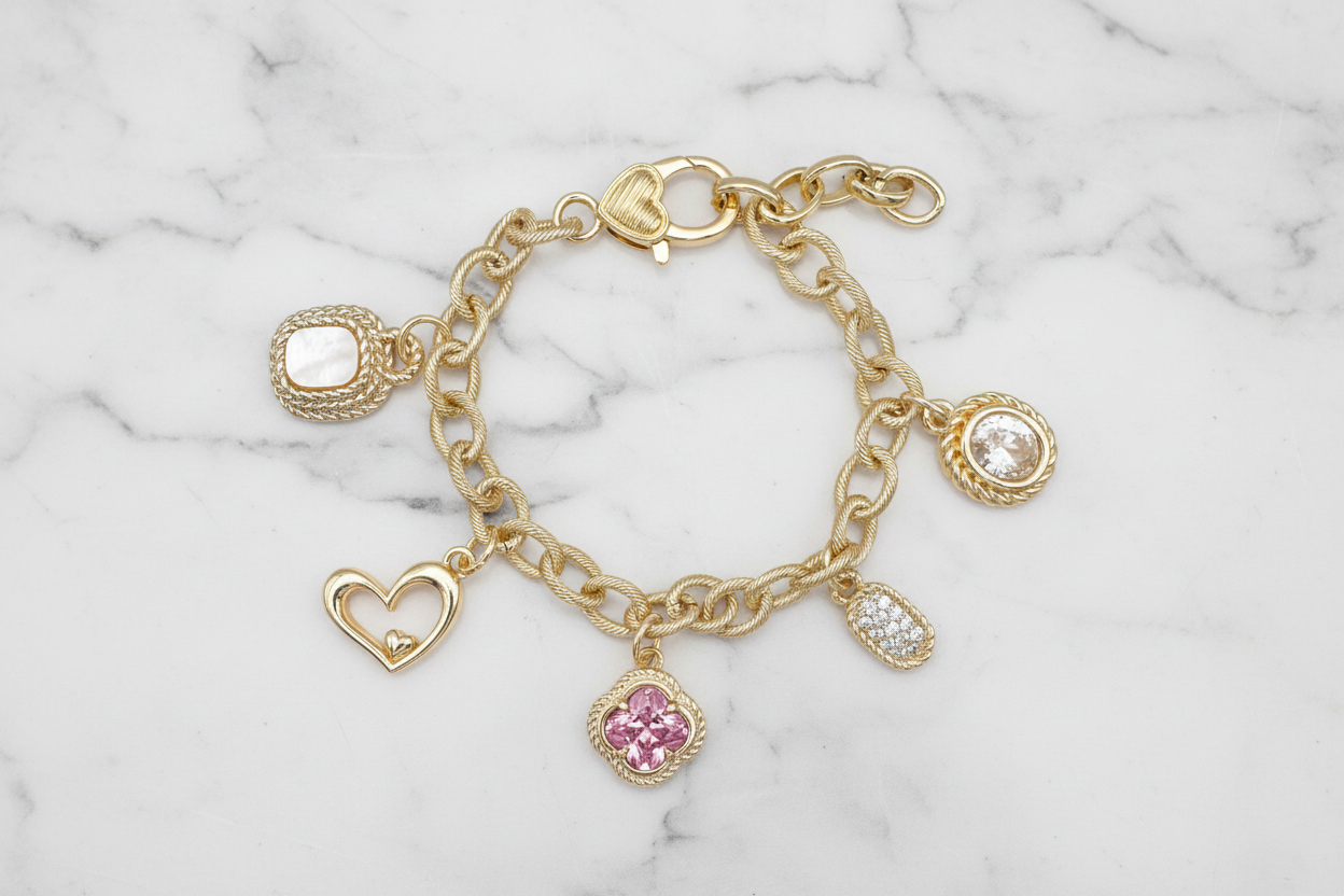 Gold Pave Pink Charm Bracelet