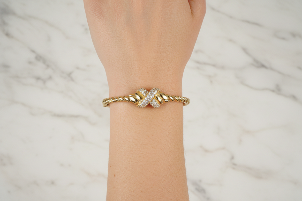 Gold Twist Cable Pave "X" Bangle