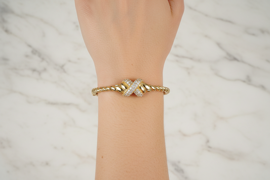 Gold Twist Cable Pave "X" Bangle