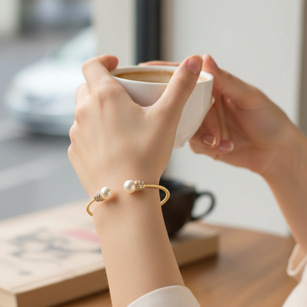 Gold Wire CZ Pearl Bangle
