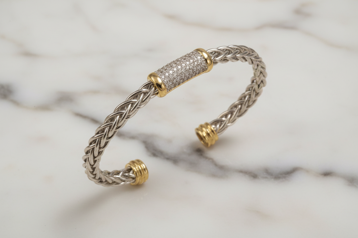 Two Tone 5mm Sq Ponytail CZ Bar Bracelet