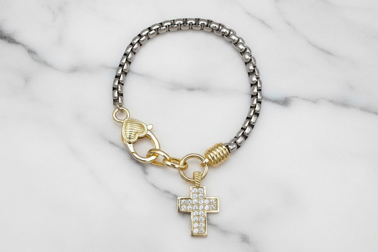 Two Tone Box Chain CZ Cross Bracelet
