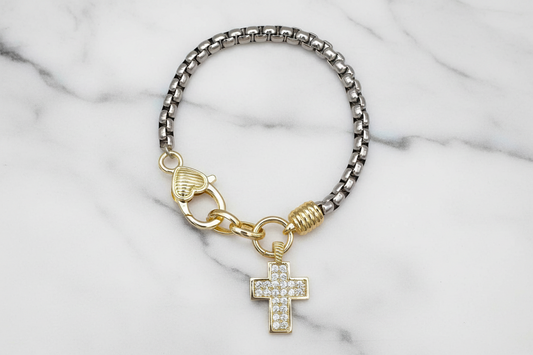 Two Tone Box Chain CZ Cross Bracelet