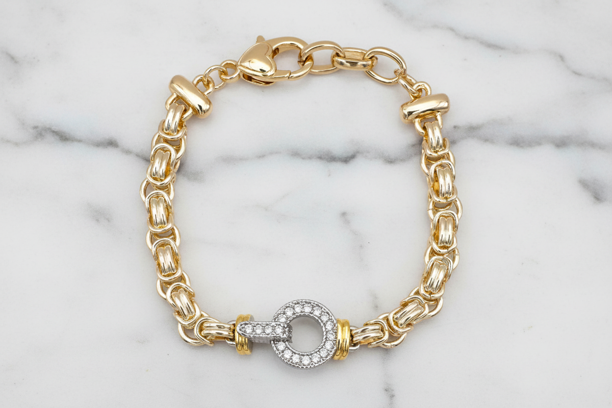 Two Tone Byzantine CZ Pave Link Bracelet
