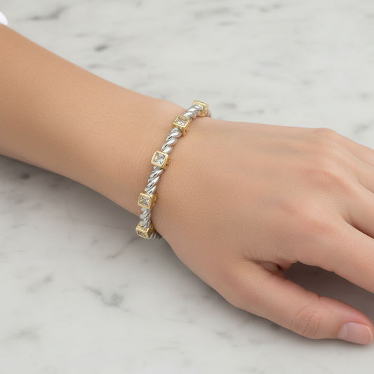Two Tone Cable 5-Sq CZ Bangle