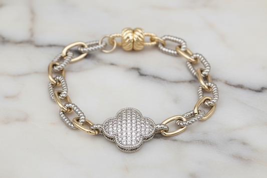 Two Tone Cable Link Clover Bracelet