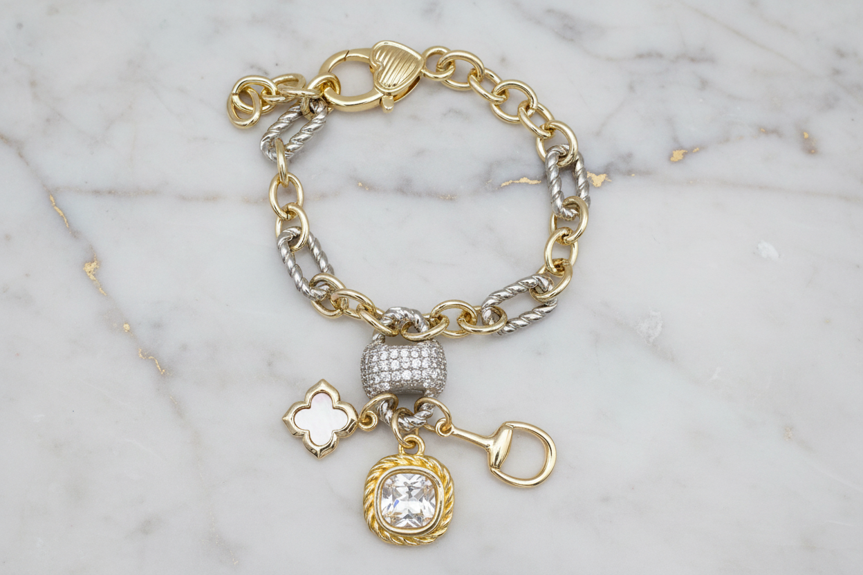 Two Tone Cable Links CZ Clover Bracelet