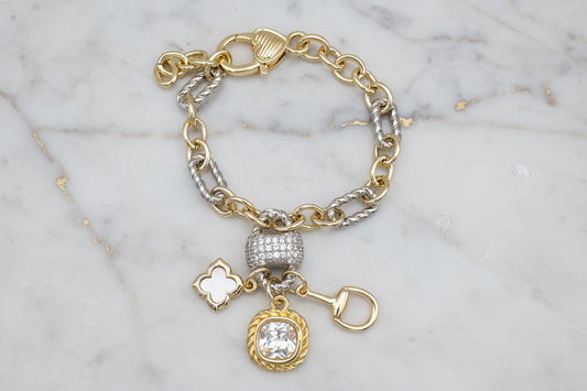 Two Tone Cable Links CZ Clover Bracelet