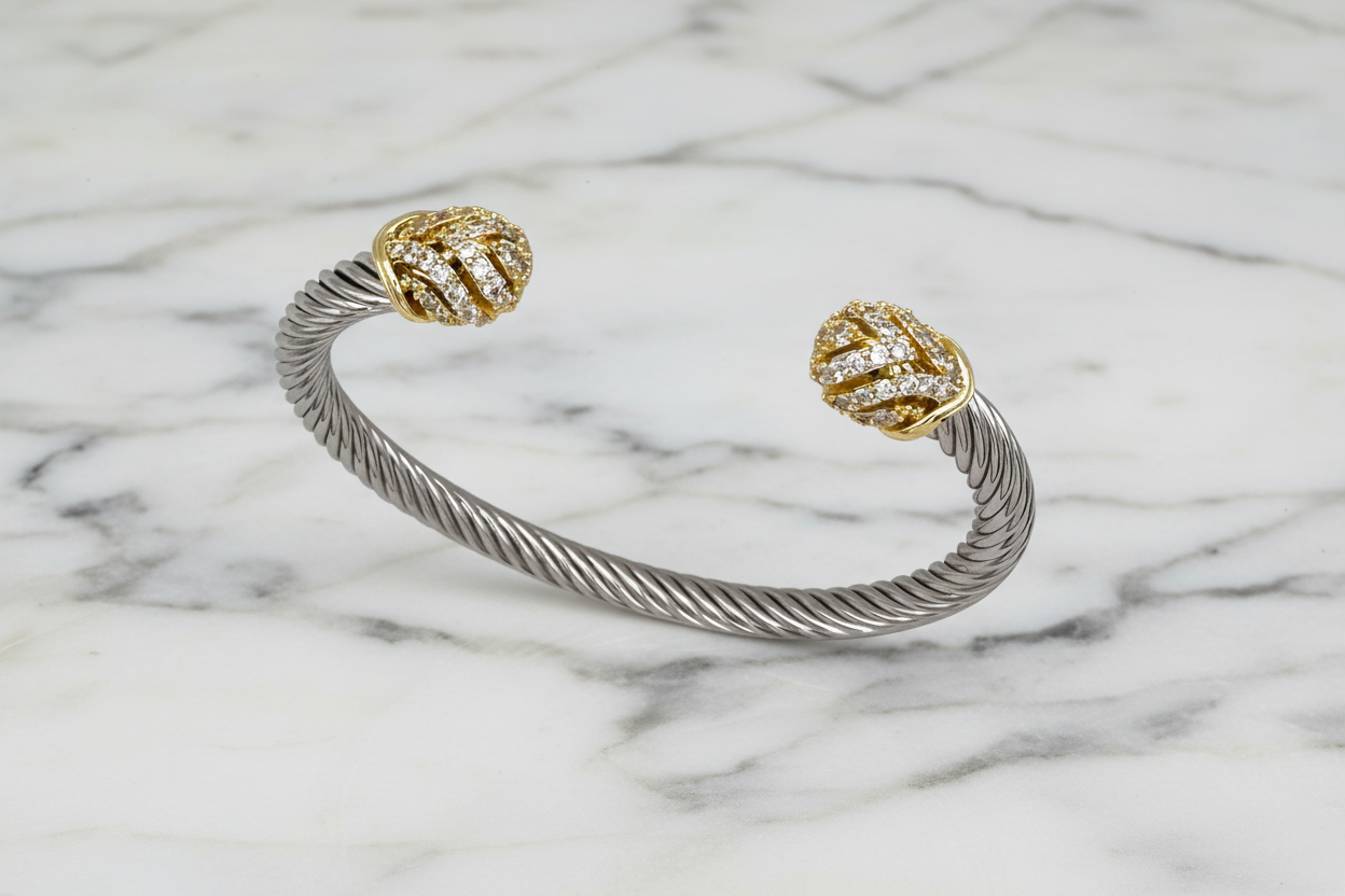 Two Tone Cable Pave Cap Bangle