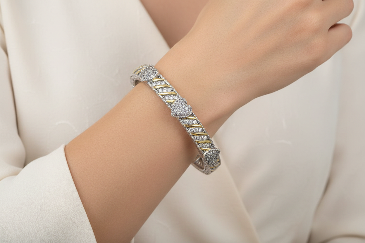 Two Tone CZ Pave Heart Bangle
