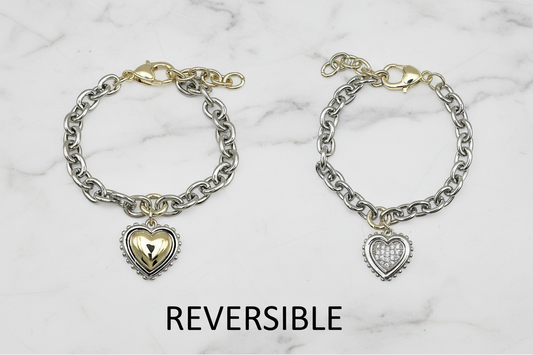 Two Tone CZ Pave Heart Reversible Bracelet