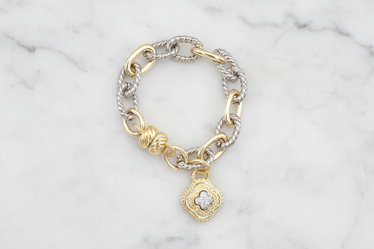 Two Tone Link CZ Pave Cross Bracelet