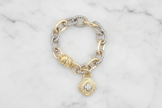 Two Tone Link CZ Pave Cross Bracelet