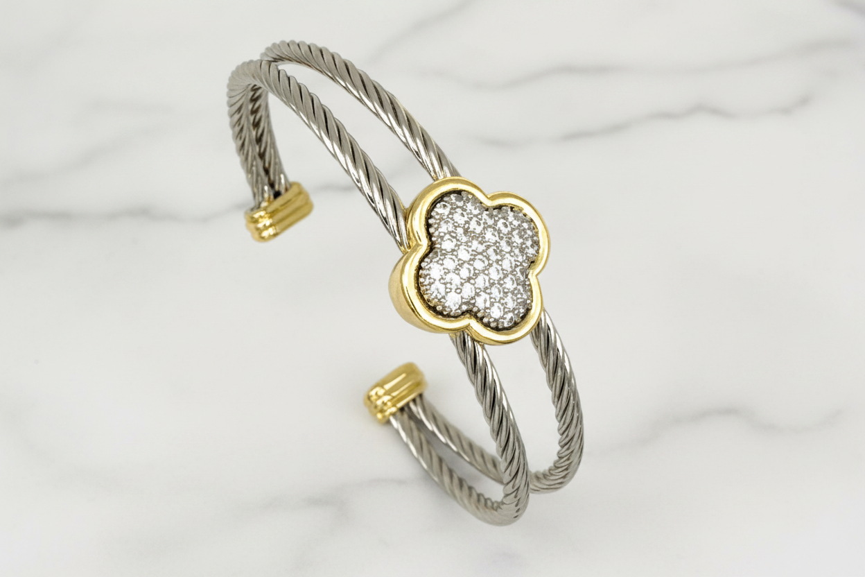 Two Tone Pave Cable Clover Bracelet