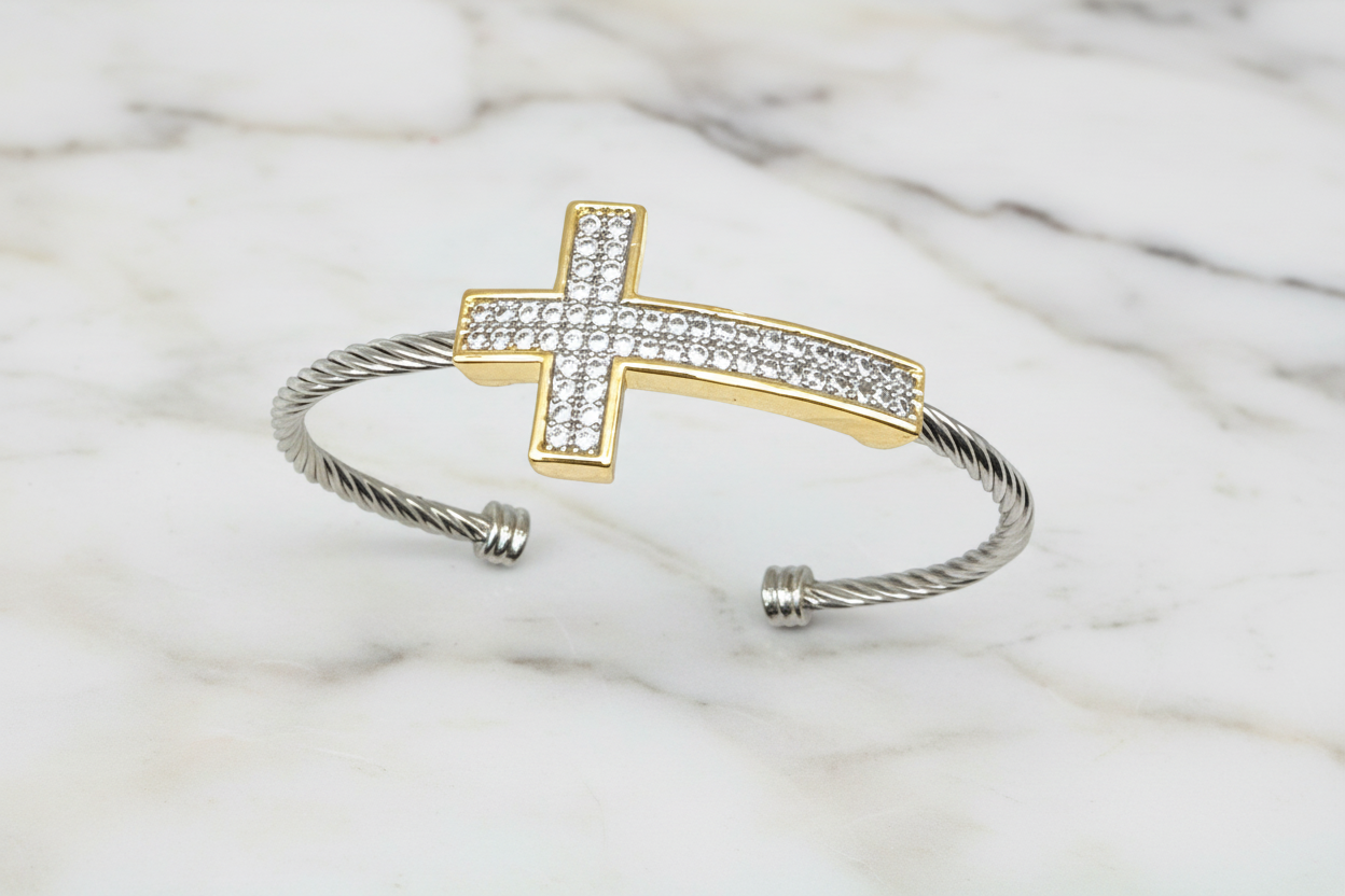 Two Tone Pave Cross Bangle