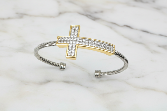 Two Tone Pave Cross Bangle