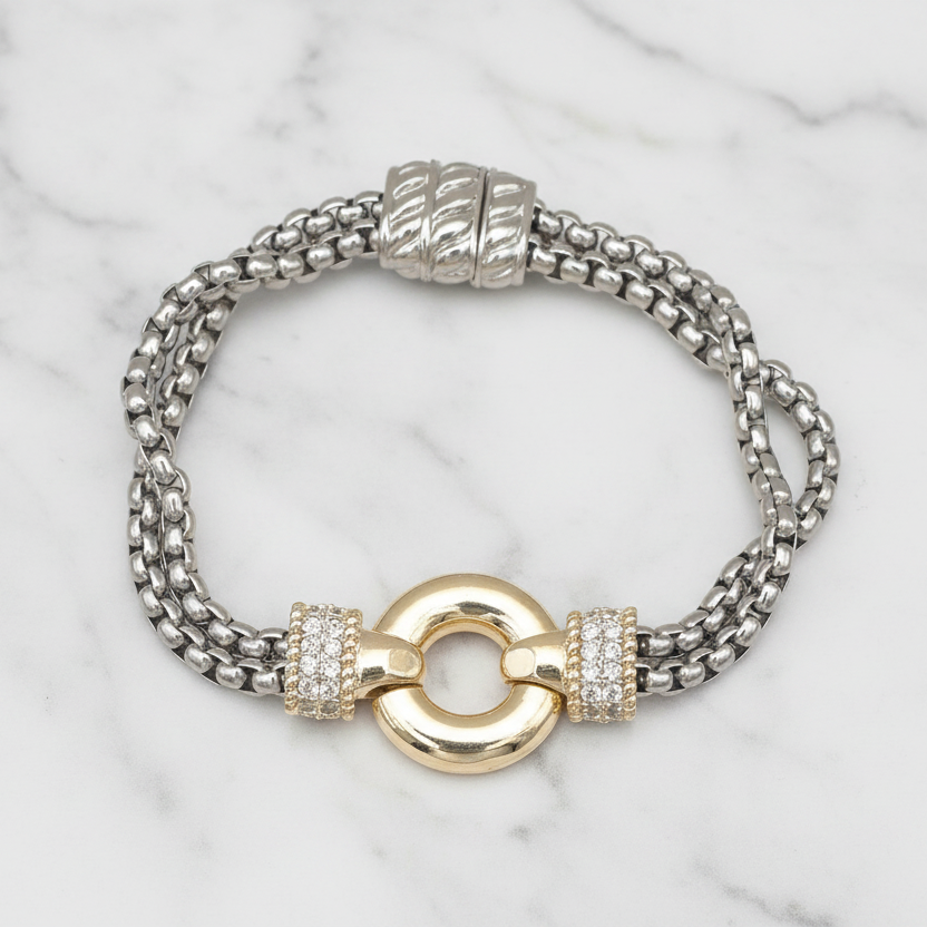 Two Tone Pave Double Box Chain Bracelet