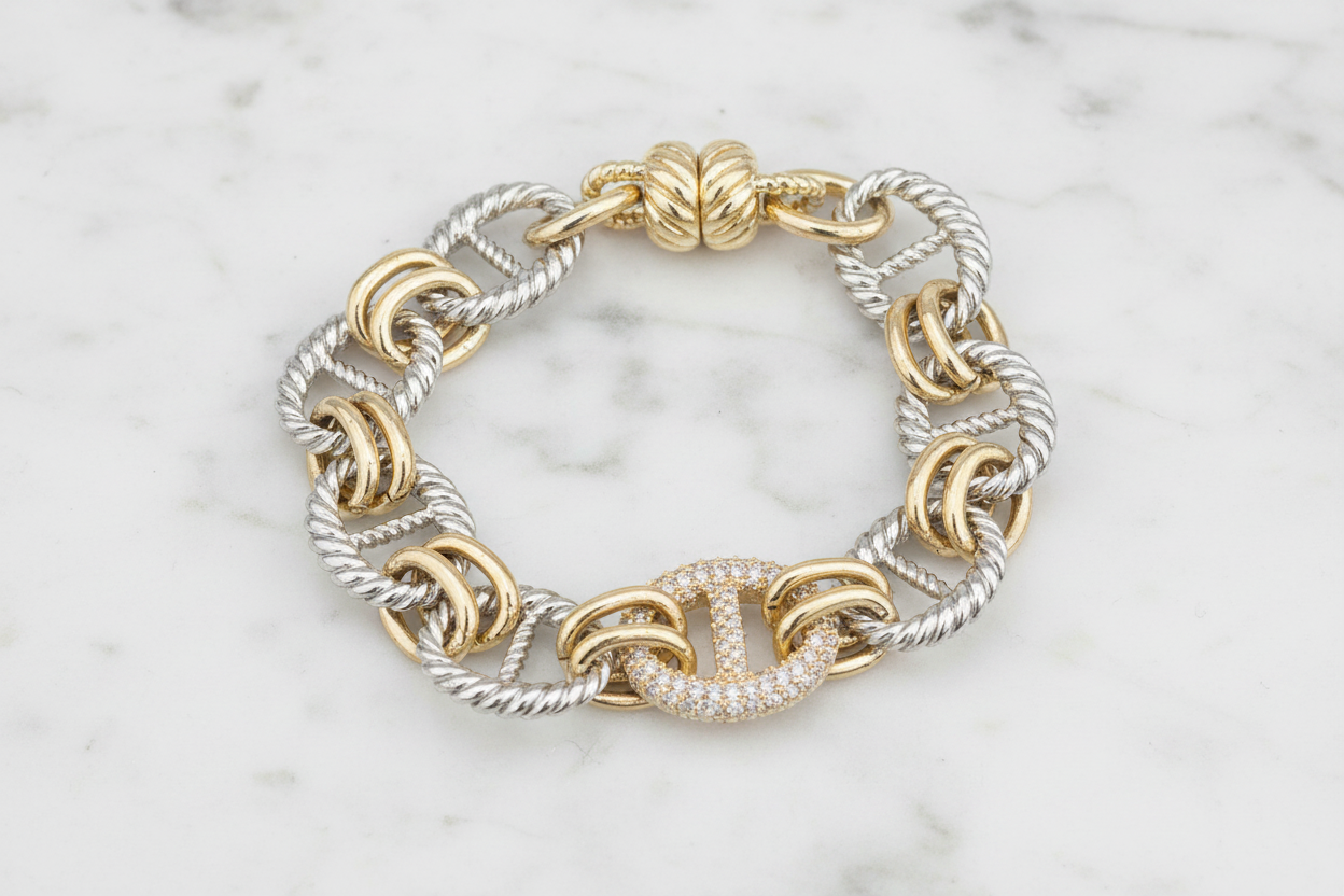 Two Tone Pave Oval Link Bracelet