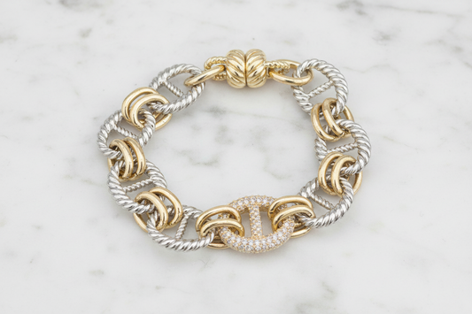 Two Tone Pave Oval Link Bracelet