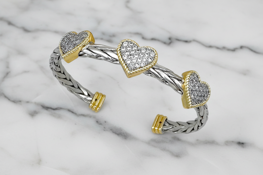 Two Tone Pave Ponytail 3-Heart Bangle