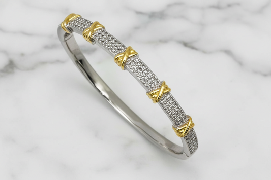 Two Tone Pave Small "X" Bangle
