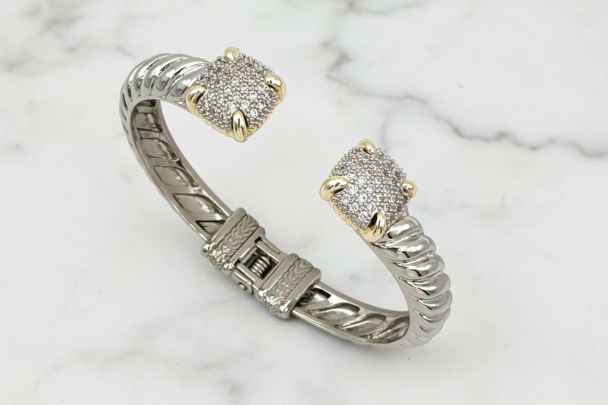 Two Tone Pave Square 9mm Bangle