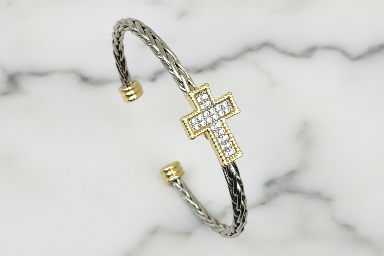 Two Tone Ponytail Pave Cross Bangle