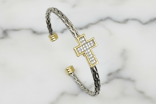 Two Tone Ponytail Pave Cross Bangle