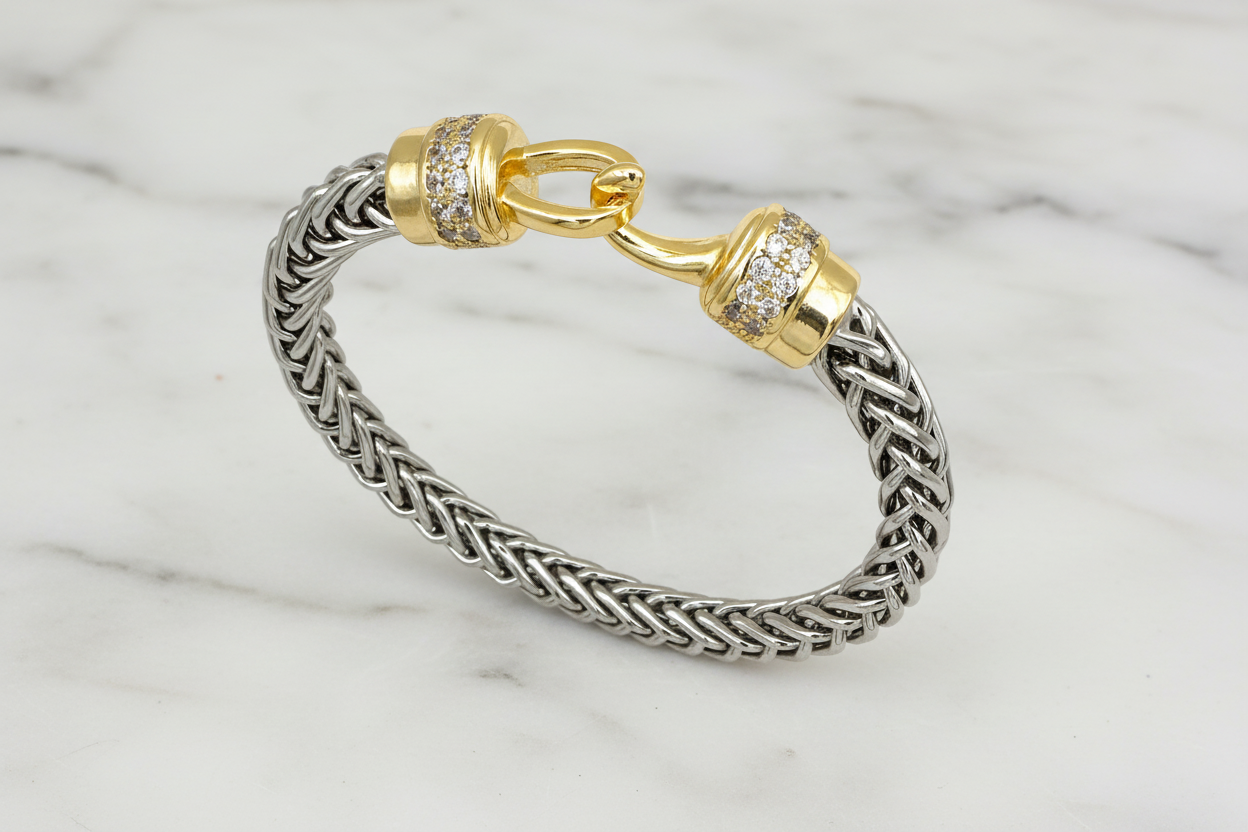 Two Tone Ponytail Tip CZ Hook Bracelet