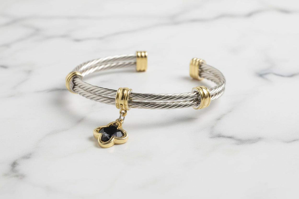 Two Tone Double Cable Clover Bracelet