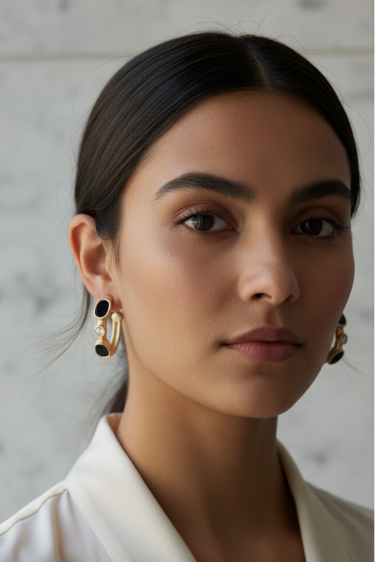 1.5" Gold Hoop Earring w/ CZ & Onyx