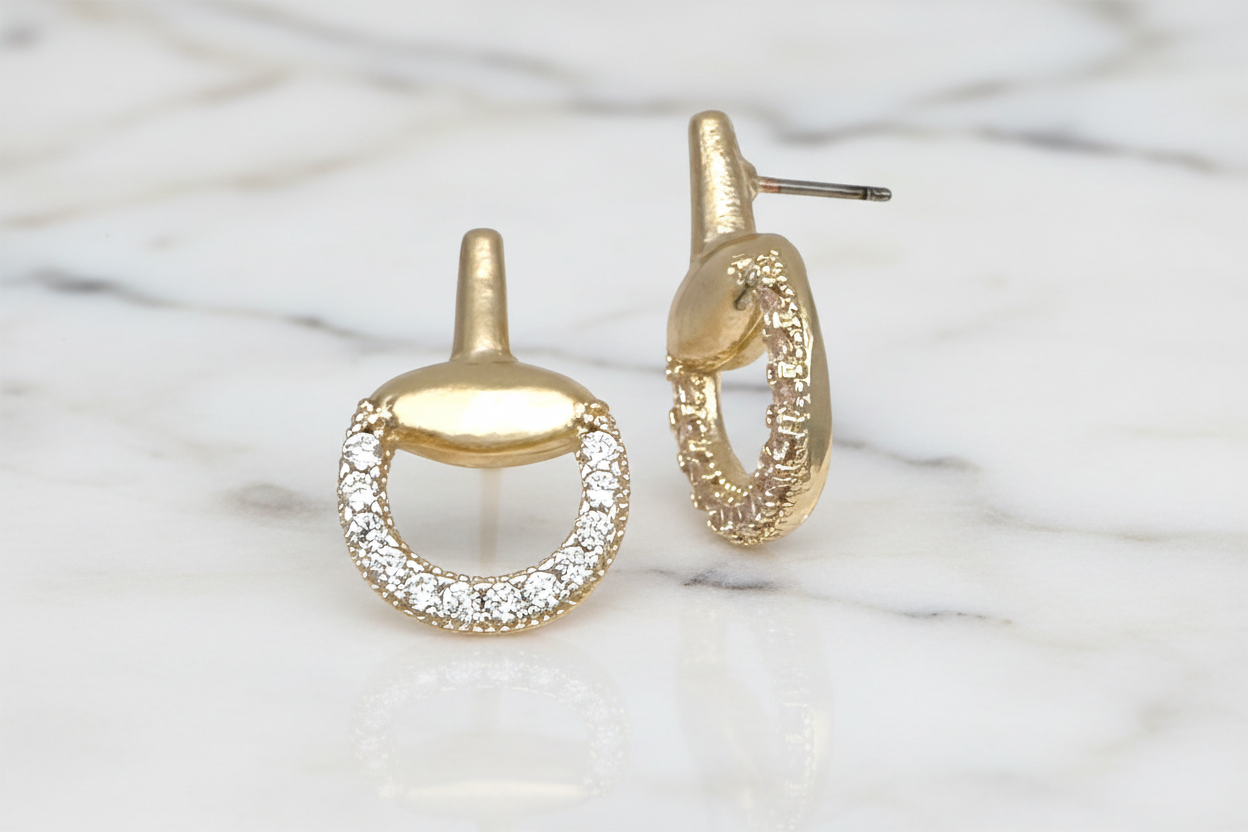 Gold Horse Bit 3/4" CZ Pave Earring