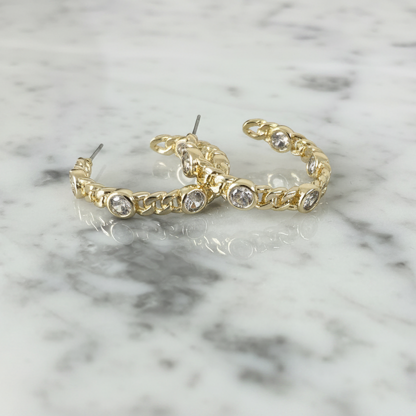 Gold Round CZ 1.25" Hoop Earring