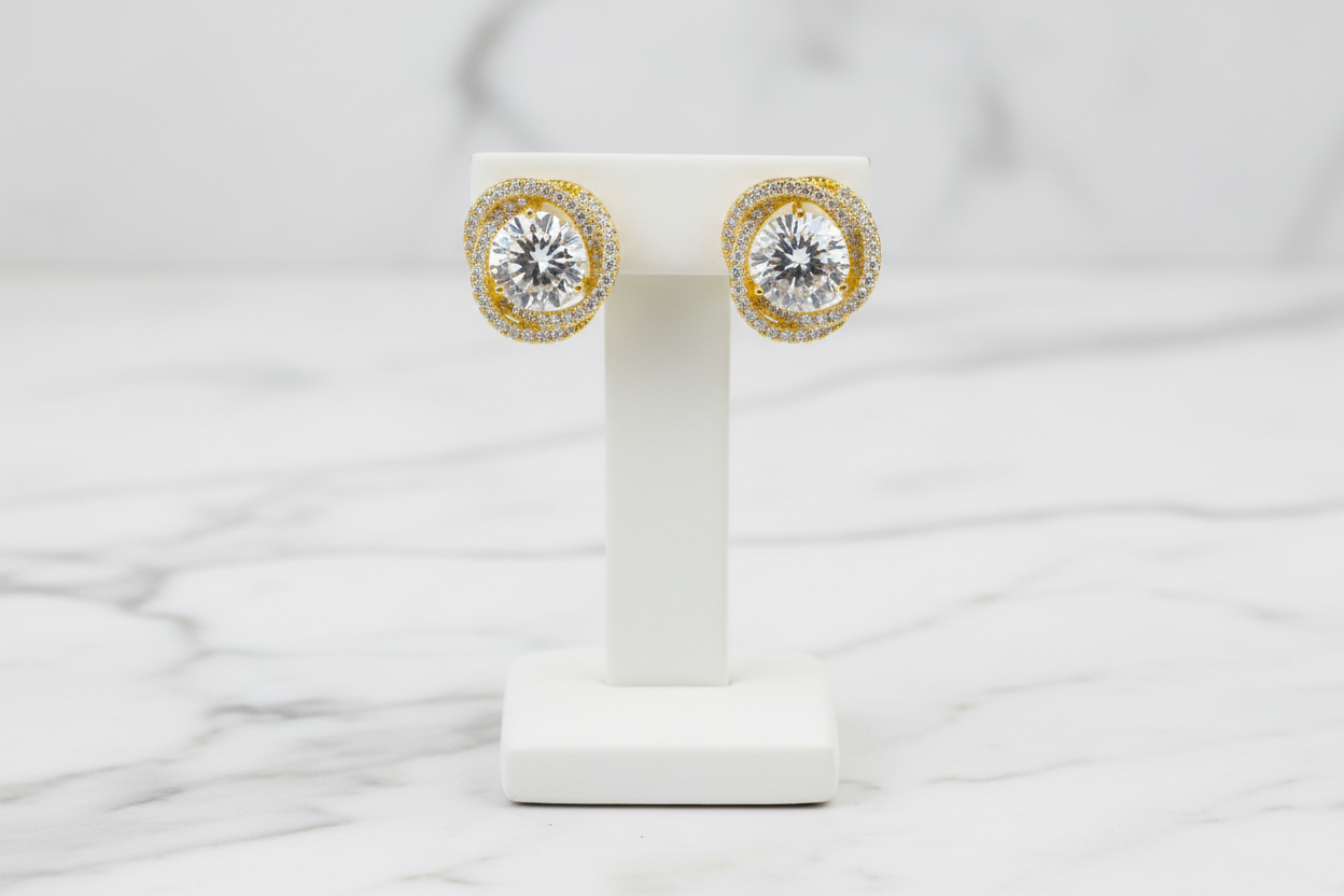 Gold Round CZ Pave Earring