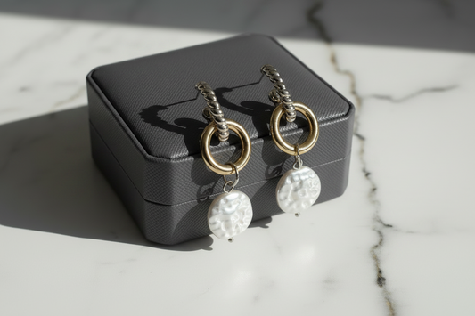 Two Tone Dangling Disc Pearl Earring