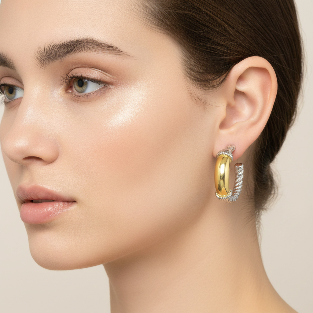 Two Tone Gold Bar Hoop Earring