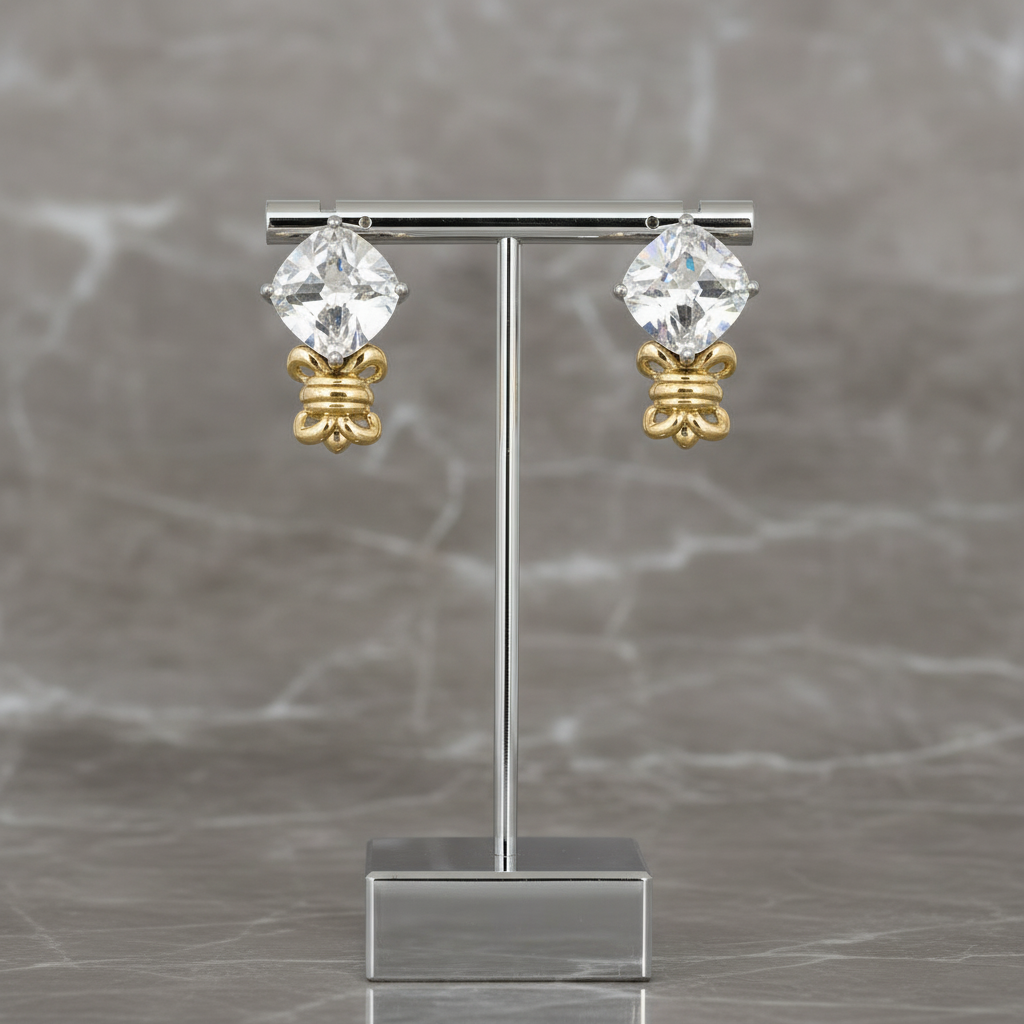 Two Tone Square CZ 3/4" Earring