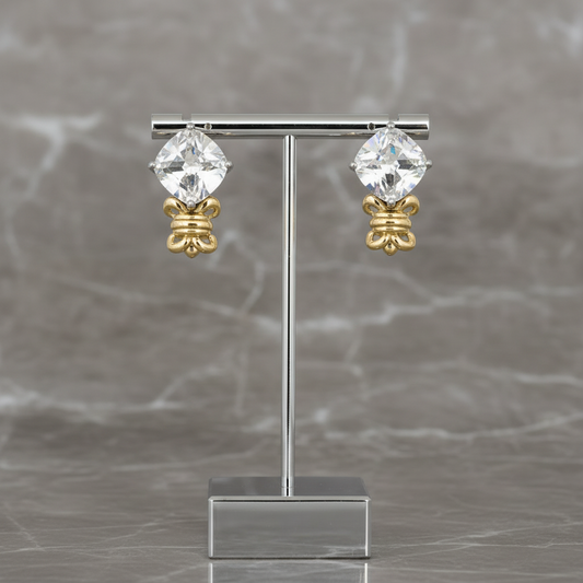 Two Tone Square CZ 3/4" Earring