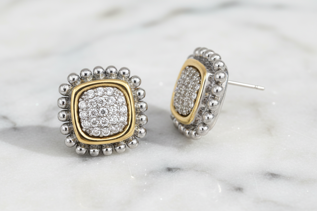 Two Tone Square CZ Earring