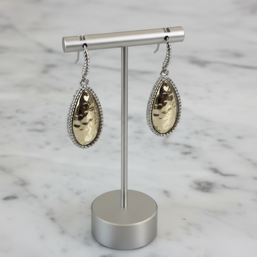 Two Tone Teardrop Hammered Dangle Earring