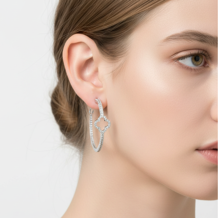 Pave Front Clover 1.5" Hoop Earring