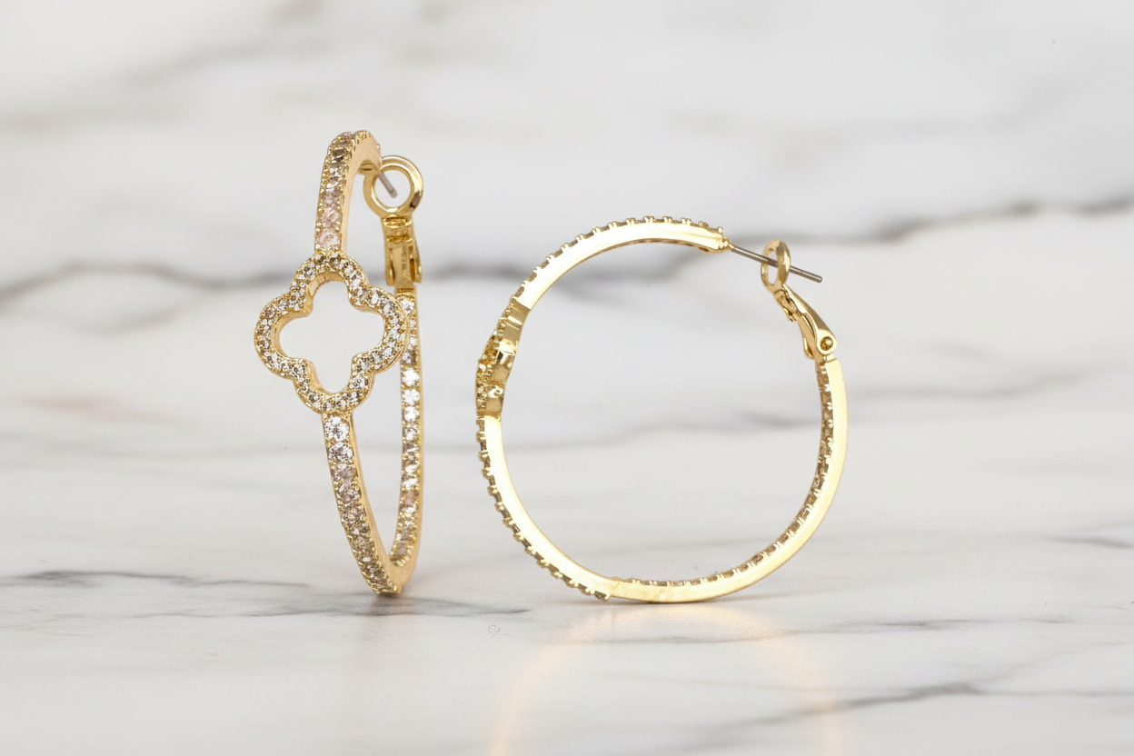 Pave Front Clover 1.5" Hoop Earring