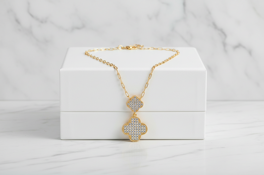 Gold 2-CZ Pave Clover Necklace