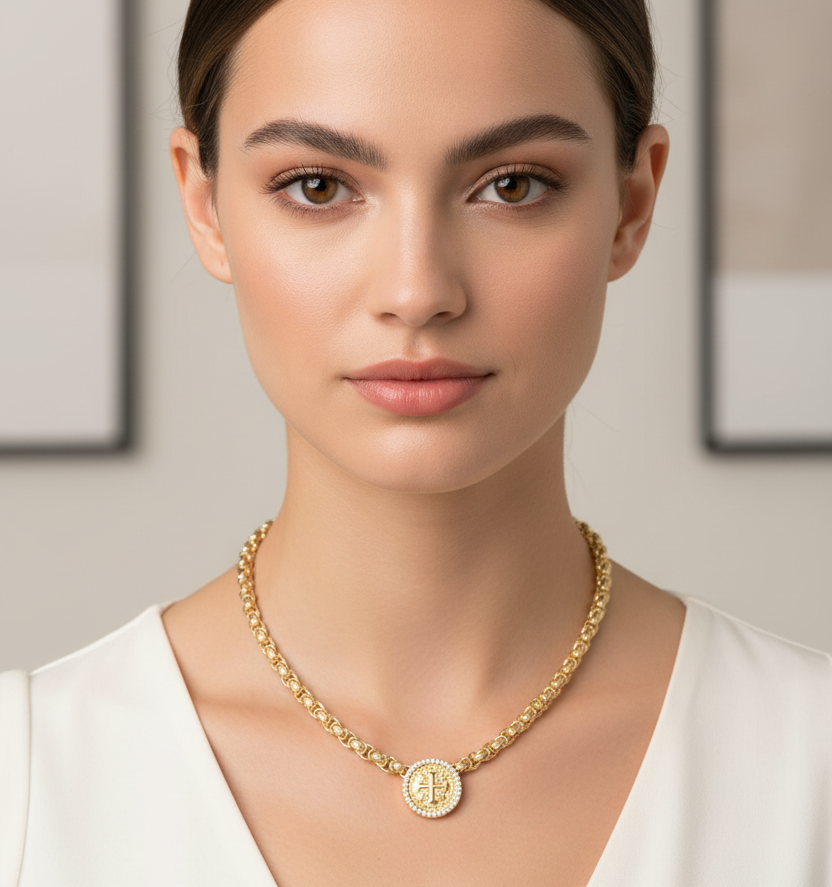 Gold Byzantine CZ Coin Necklace