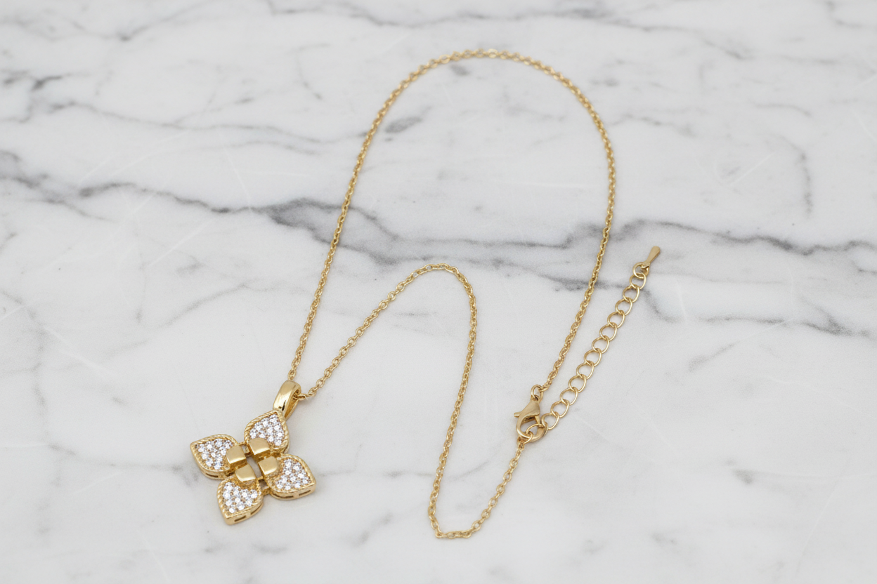Gold CZ Pave Clover Necklace