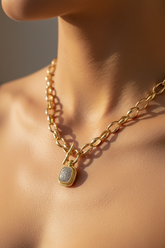 Gold Link Square Pave Toggle Necklace