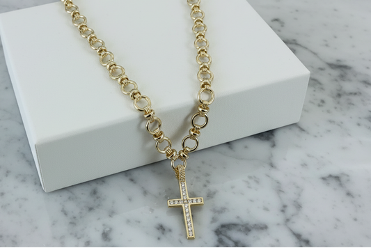 Gold Omega Link CZ Cross Necklace