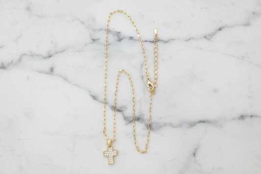 Gold Paper Clip CZ Cross Necklace